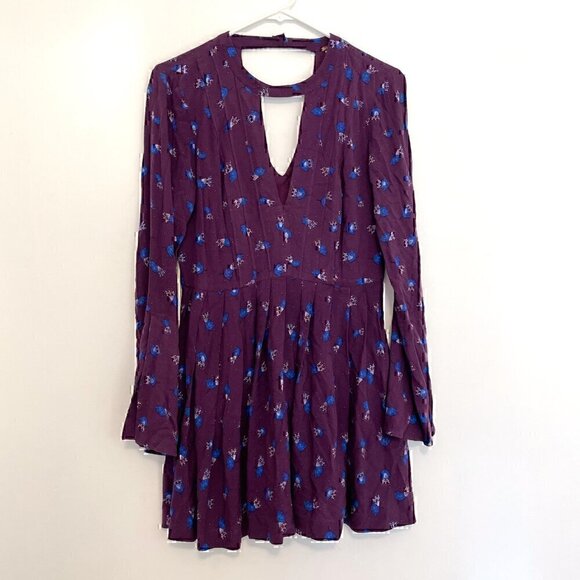 FREE PEOPLE FP Teagan Dress Purple Blue Long Flare Sleeve Cutout Mini Fit Flare - Picture 2 of 14
